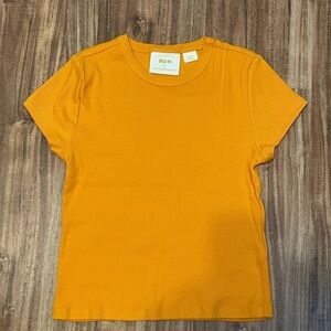 Maeve Anthropologie women’s shirt small gold yellow mustard ribbed short sleeve